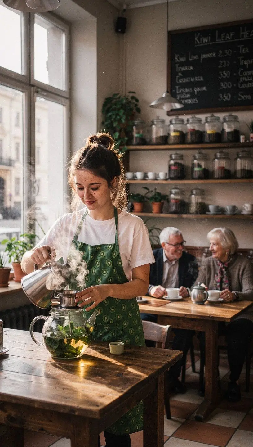Žalioji arbata su kiwi lapais ir citrinomis, išdėstyta ant natūralios medinės lentos.