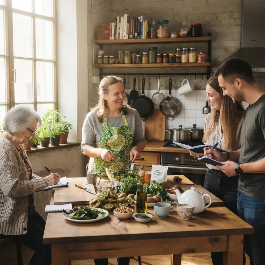 Kiwi lapų arbatos puodelis, kviečiantis į sveiką gyvenimo būdą.